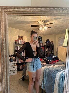 Sheer Long Sleeve Tie-Front Bodysuit - Black